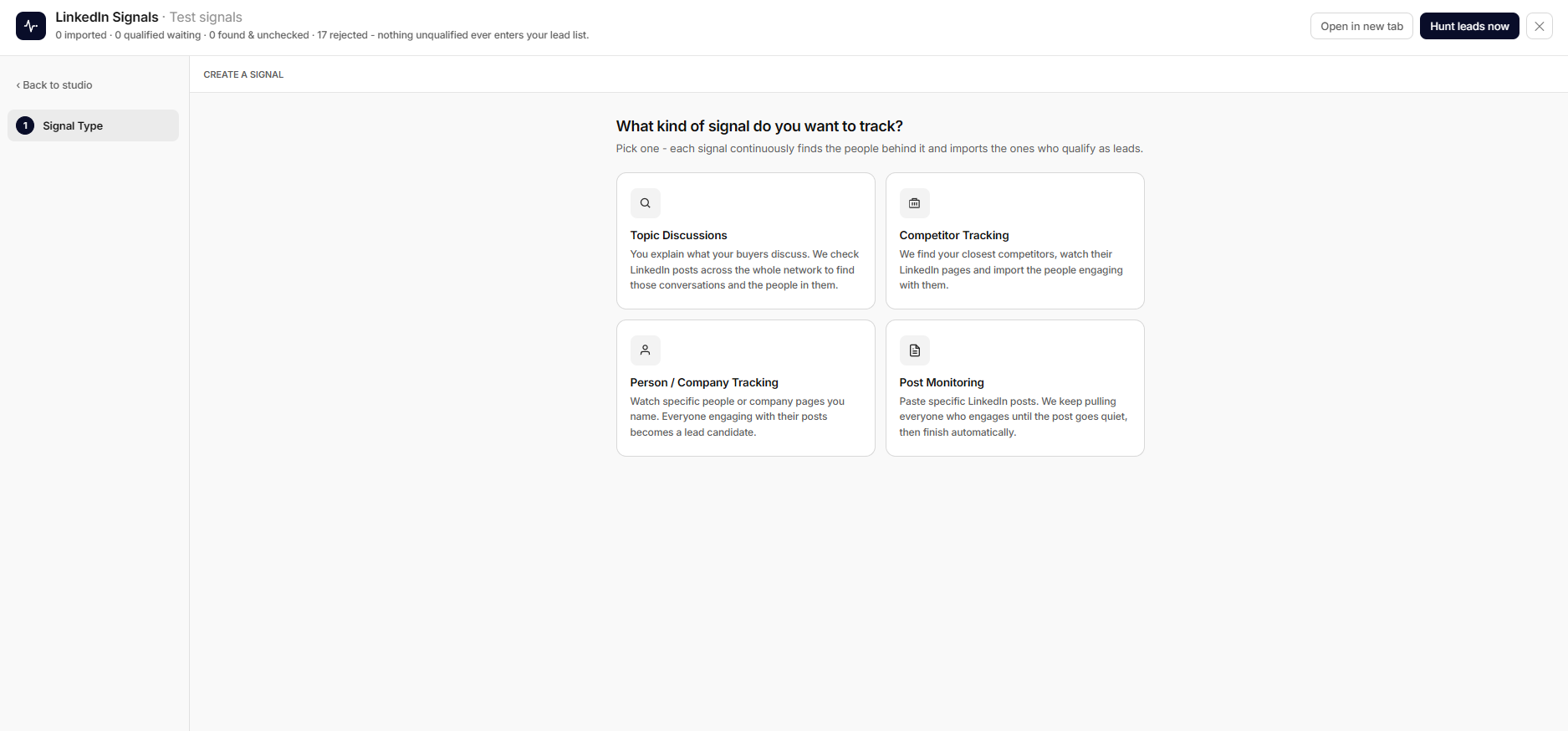 LinkedIn Signals studio - pick the signal to track: Topic Discussions, Competitor Tracking, Person/Company Tracking, Post Monitoring